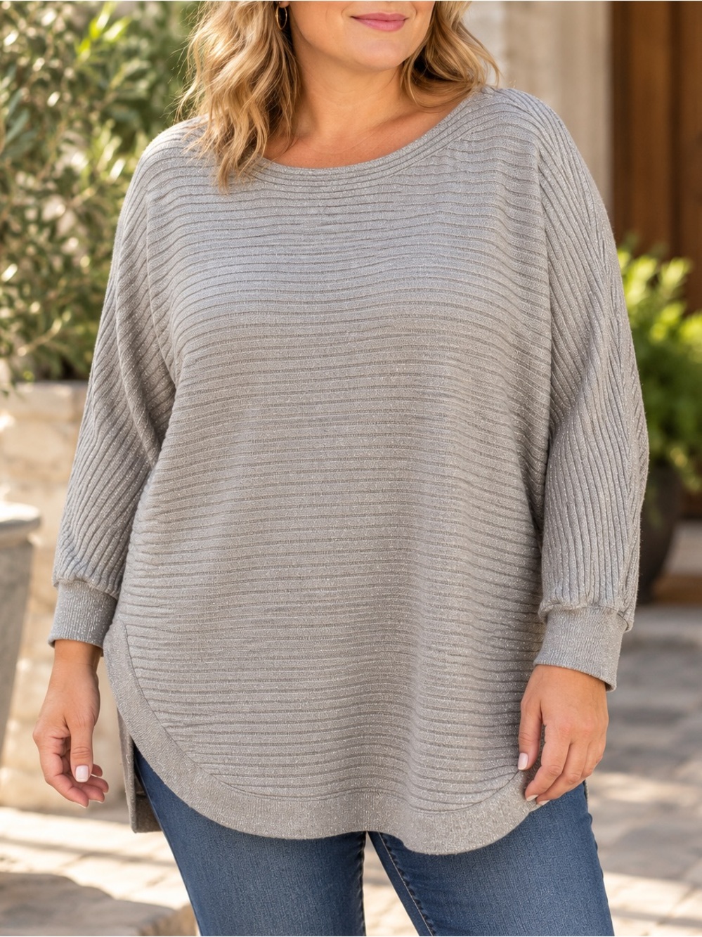 Margeaux & Ellie Silver Metallic Ribbed Knit Tunic Sweater Plus Size 2X